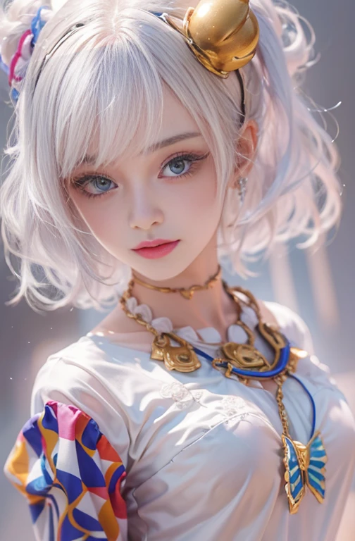 28 years old, Close-up portrait of a woman in a colorful clown costume、Shoulders out、thin、Serious expression、Short-haired、Deadly position, Gorgeous Necklace, Light milky porcelain skin, Smooth, Translucent white skin, Enchanting anime girl, Beautiful and seductive anime woman, Ultra realistic sweet bunny girl, Pale porcelain white skin, Smooth, Realistic and perfect body, Anime Girl Cosplay, Perfect body with realistic shadows, Switzerland'masterpiece