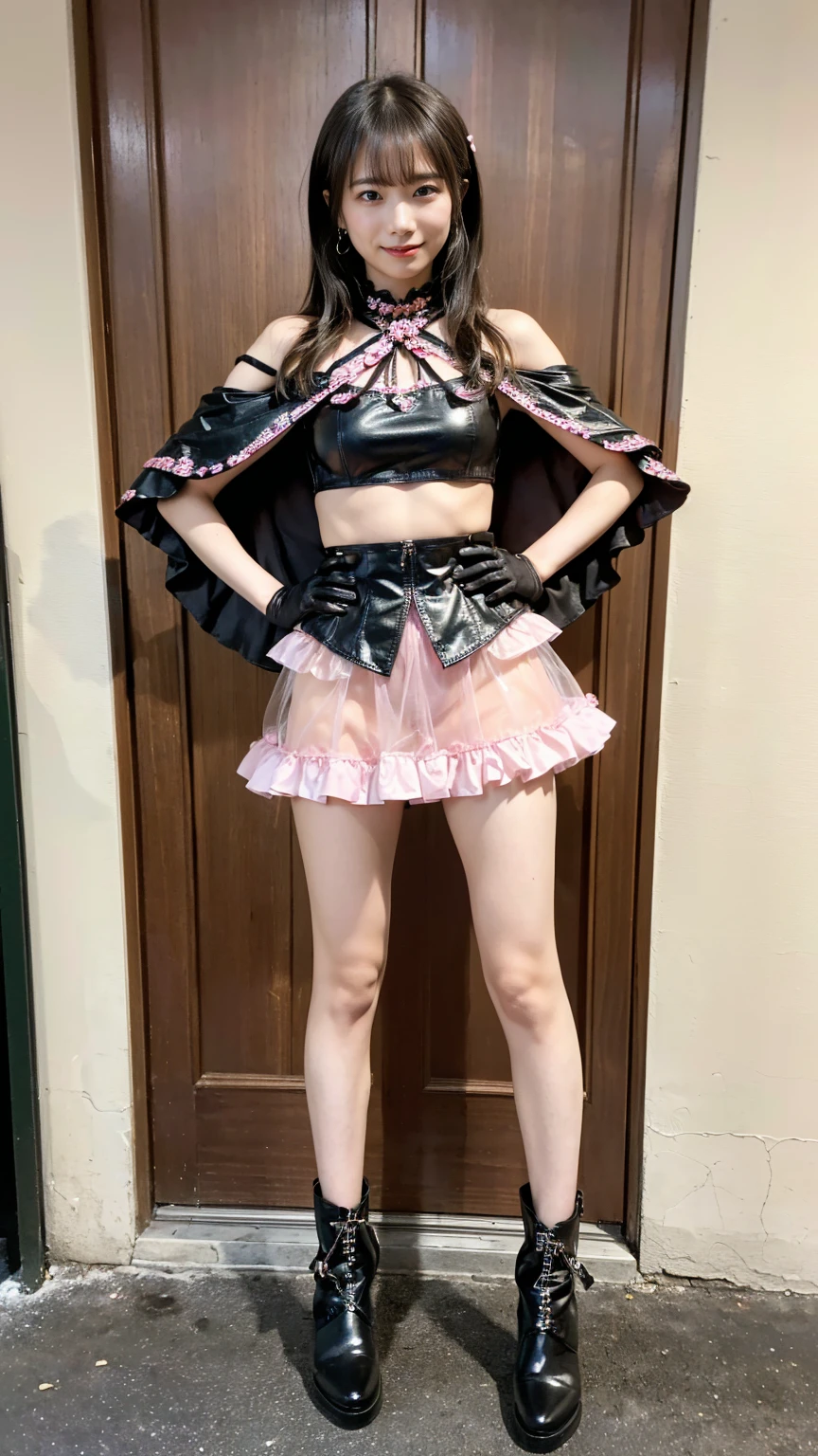 (8k、RAW Photos、highest quality、masterpiece:1.2)、(Realistic、Realistic)、1 girl、((Pink and black miniskirt、Bustier、Cape、boots、See-through、Frills、smile、I can see your feet、garden、Semi-long hair、Standing with hands on hips))、Lots of eyelashes、Glowing eyelids、skeletally correct