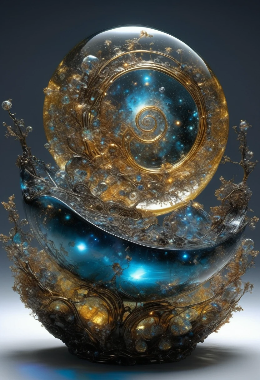 Liquid Metal, By Alexander Jansson and Jean Baptiste Monge and Mark Brooks || A beautiful liquid metal obsidian transparent crystal star, inside of it is a beautiful intricate glowing never-ending HUGE spiral SPIRALING golden portal made of stars constellations crystals and golden glitter with cities and fossils built into it, intricate, hyperdetailed, maximalist beautiful
