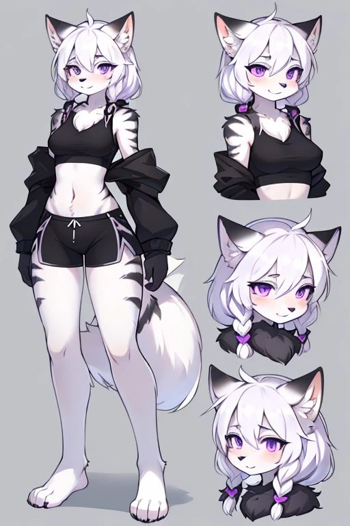 ( Absurdly , High quality , ultra detailed ) ,( hand detailed ) , 1girl, solo, mature, (concept art, character sheet), absurdres(highly detailed beautiful face and eyes)perfect anatomy Solo, Young Female white fox-cat (((lean-body))) (((medium breasts))) (short snout),(((fur (black stripe) between neck and shoulder towards chest))) ((fur (black stripes) on waist))(ears are darker), ((violet eyes)), (cat tail (black at end)), (white hair (single-braided)), ((Female wolf)) (detailed eyes), (clevedge, (collarbone, shoulders), (solo, (1girl)) ((((fluffy white fur)))), white hands, ((extremely detailed fur)) ((hair in face)) (big braid), (thin long tail) (extremely detailed eyes) (((concept art, character sheet, (multiple views)))), (black short shorts) (black sports bra), white hands, multiple emotions, happy, shy, extatic, barefoot 