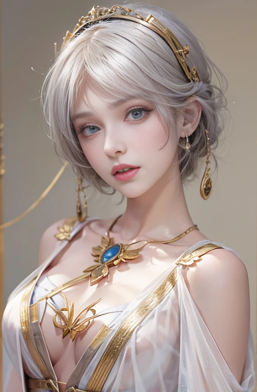 28 years old, Close up portrait of woman in Ancient Greek clothing、Shoulders out、thin、Serious expression、Short-haired、Deadly position, Gorgeous Necklace, Light milky porcelain skin, Smooth, Translucent white skin, Enchanting anime girl, Beautiful and seductive anime woman, Ultra realistic sweet bunny girl, Pale porcelain white skin, Smooth, Realistic and perfect body, Anime Girl Cosplay, Perfect body with realistic shadows, Switzerland'masterpiece