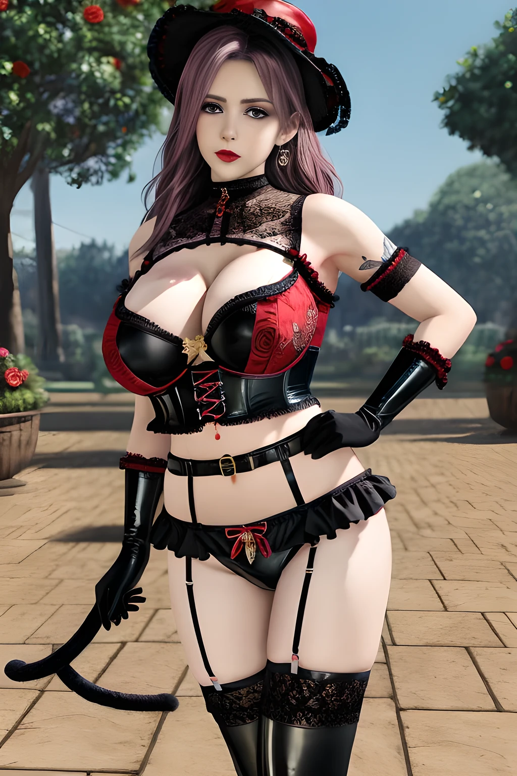 1 girl,BREAK (Royal:1.4), (red and black theme:1.5), ((red) bucket hat with rose corsage:1.4), (fusion of black high neck crop top and latex (red bustier):1.4), ((floral lace, see-through):1.3), ((sleeveless, bare shoulders):1.3), (red tiered skirt with black ruffles:1.4), ((ultra long gloves) with floral lace:1.3), (wrap a (cat garter) around thighs:1.4), outdoor,elegant,nighttime,moonlighe,shiny skin,( huge breasts), lip gloss,tattoos, masterpiece, best quality, realistic ,Surrealism,natural colors art in 8k,soft shadows,High-definition RAW color photos professional portrait photos,solo,  elise,