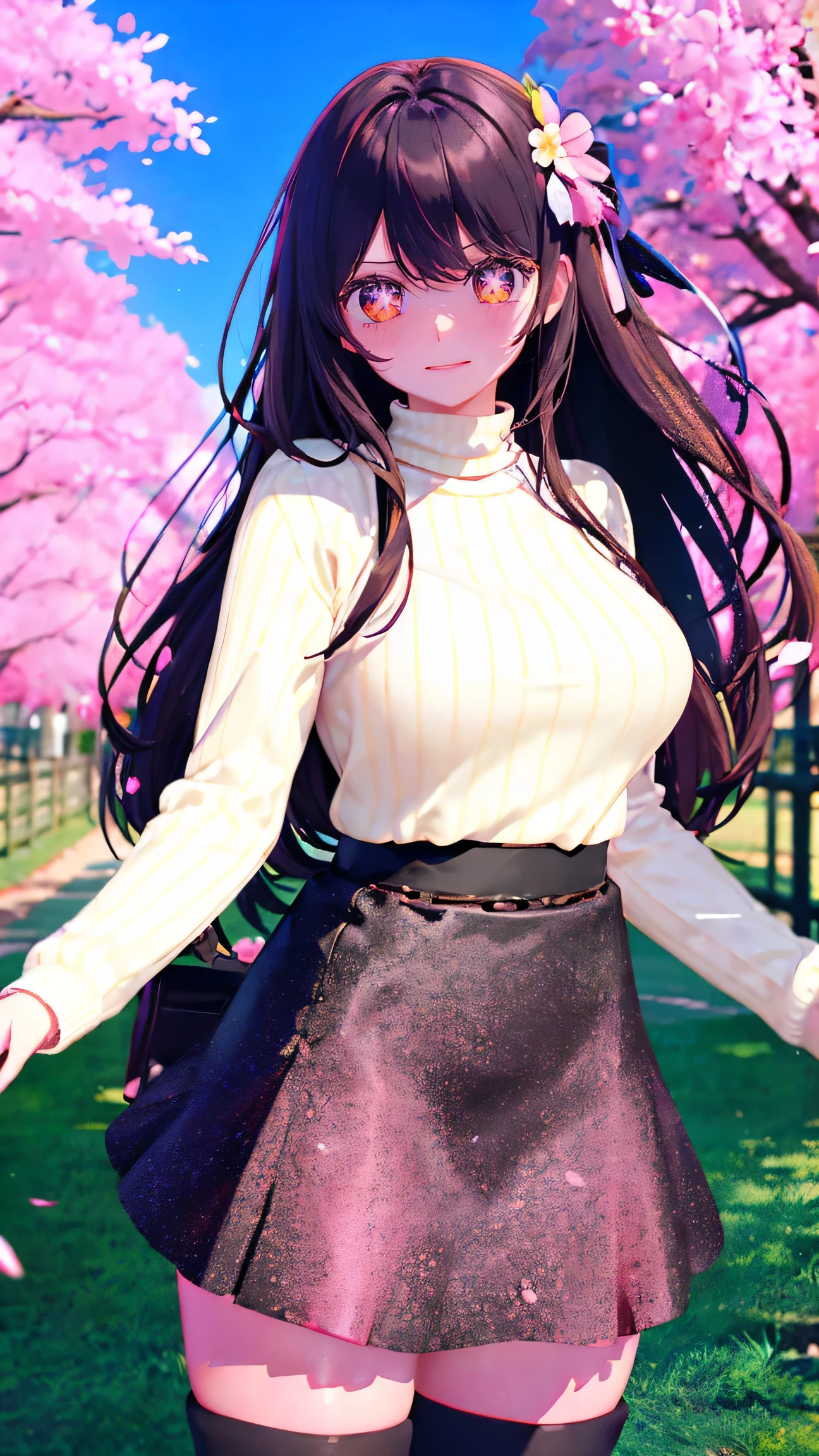 cherry blossoms, branch, spring \(season\), hanami, tree, petals, earrings, jewelry, falling petals, 1girl, thighhighs, bare tree, pink flower, skirt, blue sky, day, breasts, ribbed sweater, outdoors, bangs, solo, long hair, yellow eyes, sweater, wisteria, long sleeves, large breasts, turtleneck, blurry, looking at viewer, black legwear, sky, smile, brown hair, thighs, fence, standing, blush, black skirt, in tree, belt, cowboy shot, arm support, eye visible through hair