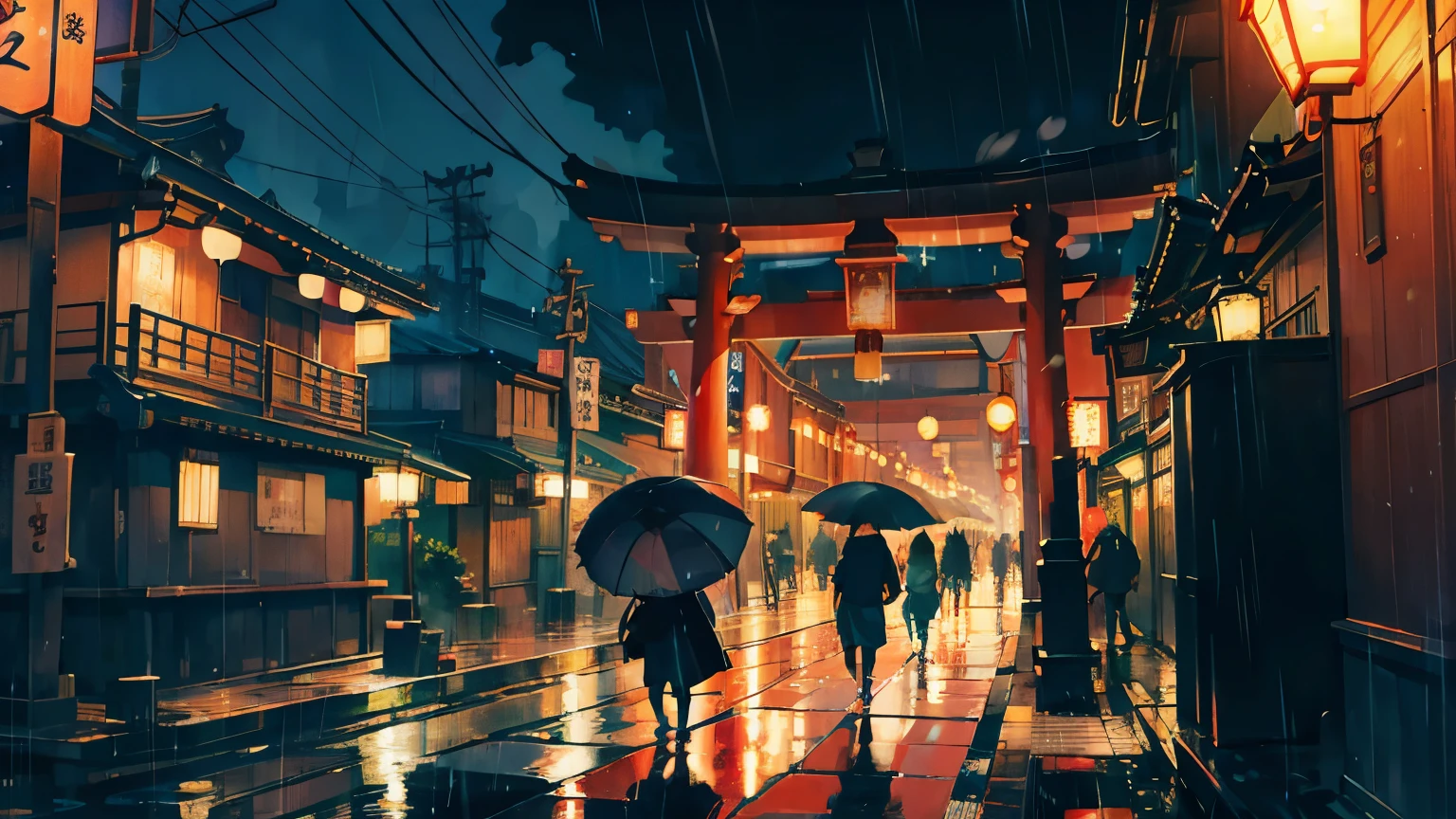 night Tokyo Asakusa rain Light Ghibli style