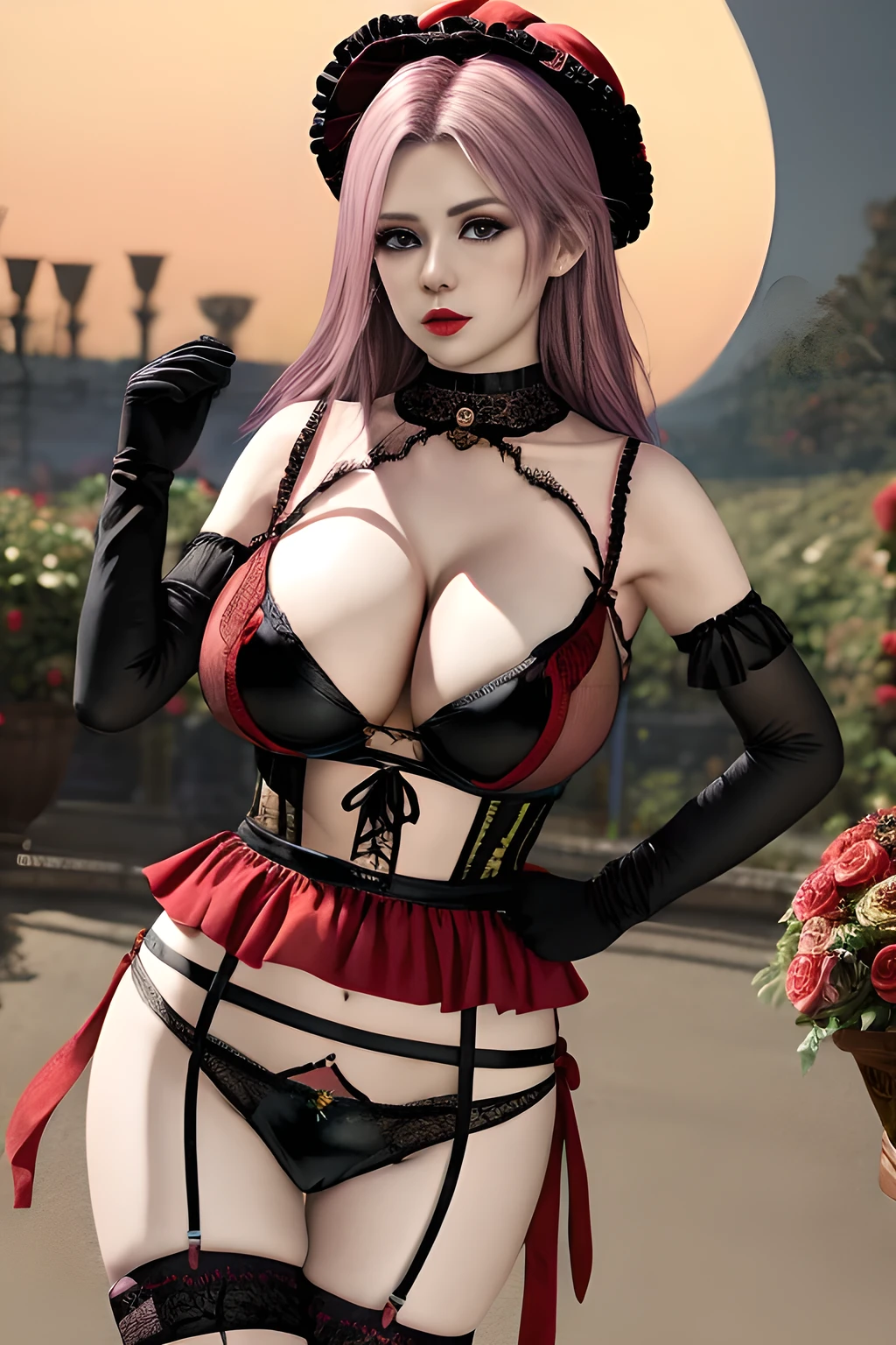 1 girl,BREAK (Royal:1.4), (red and black theme:1.5), ((red) bucket hat with rose corsage:1.4), (fusion of black high neck crop top and latex (red bustier):1.4), ((floral lace, see-through):1.3), ((sleeveless, ???? shoulders):1.3), (red tiered skirt with black ruffles:1.4), ((ultra long gloves) with floral lace:1.3), (wrap a (cat garter) around thighs:1.4), outdoor,elegant,nighttime,moonlighe,shiny skin,( ????????????), lip gloss,tattoos, masterpiece, best quality, realistic ,Surrealism,natural colors art in 8k,soft shadows,High-definition RAW color photos professional portrait photos,solo,  elise,