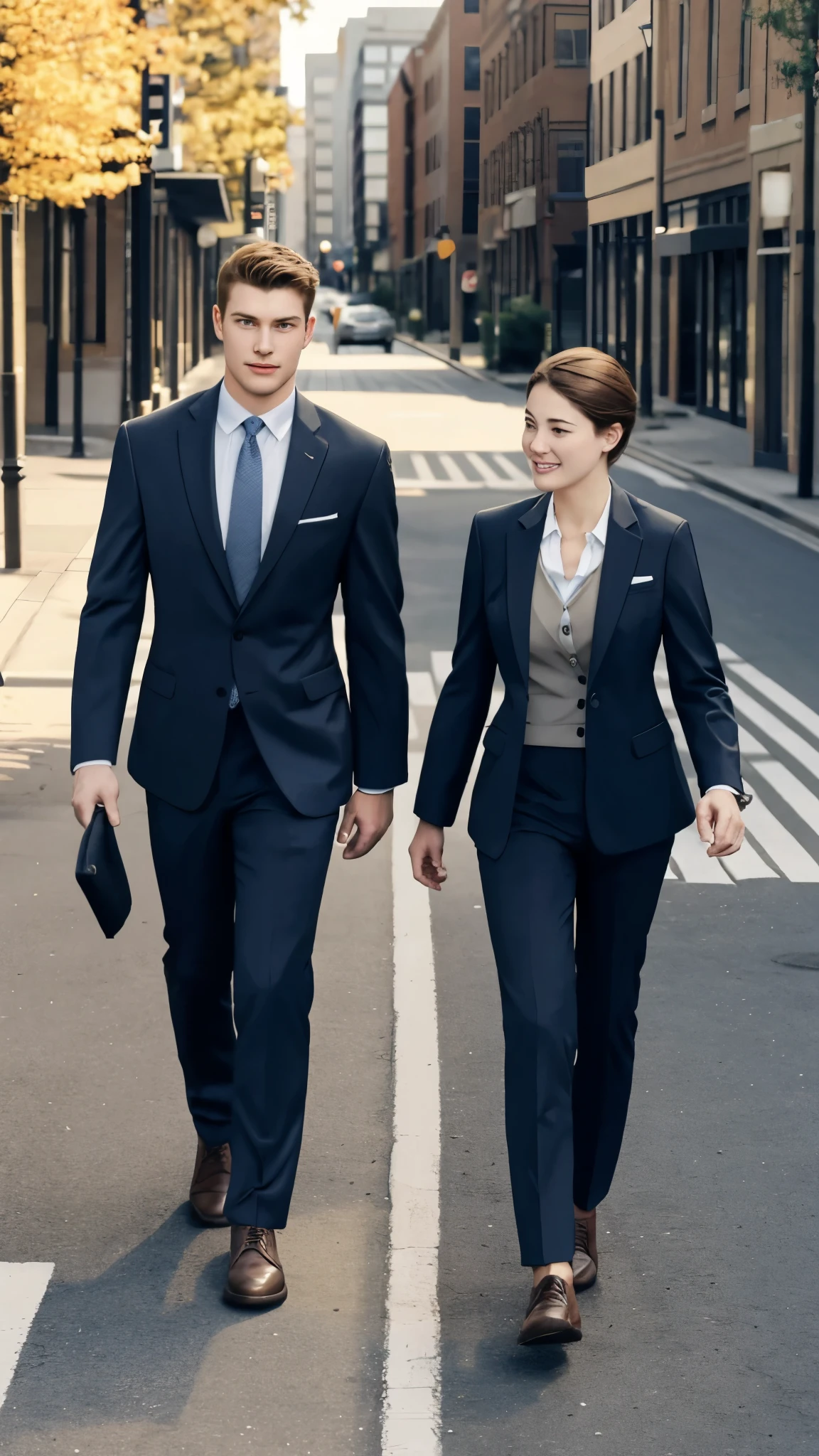 Men and women walking,Downtown,A refreshing morning,wears a suit,Young recruits