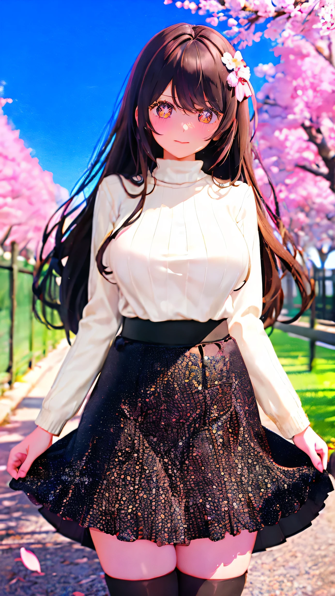 cherry blossoms, branch, spring \(season\), hanami, tree, petals, earrings, jewelry, falling petals, 1girl, thighhighs, bare tree, pink flower, skirt, blue sky, day, breasts, ribbed sweater, outdoors, bangs, solo, long hair, yellow eyes, sweater, wisteria, long sleeves, large breasts, turtleneck, blurry, looking at viewer, black legwear, sky, smile, brown hair, thighs, fence, standing, blush, black skirt, in tree, belt, cowboy shot, arm support, eye visible through hair