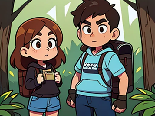 masterpiece; Style: daily; necessary background: Nature of Russia, middle lane;; обязательный Style одежды: sweatshirt, jeans, hiking boots, fingerless gloves, backpack; Characters: 1 guy and 1 girl (absolute similarity(twins)) Brother and sister, very tousled brown tousled hair, Brown eyes, round beautiful face, muscular proportional athletic trained body, trained arms and legs, Graceful fingers, aesthetic proportional small wide nose, plump lips; aesthetic completeness, perfect face; Free standing pose, Interaction with each other; many small details, Intricate details; high quality textures, high detail, realistic human anatomy, realistic textures, daylight, increased image clarity