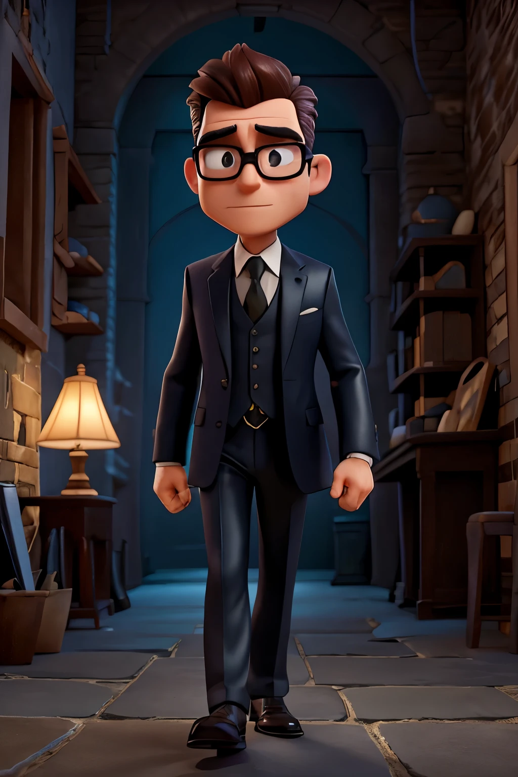 In a captivating scene, a cartoon-style character, reminiscent of a PF agent, is seen preparing for a clandestine mission. Clad in a crisp suit and tie, he carries a sleek leather briefcase filled with currency, one hand affectionately gripping a magnifying glass. The image is framed in a 16:9 format, casting an intriguing aura around the stealthy figure. As twilight descends, a single, focused lamp illuminates him against the backdrop of a mysterious, dimly-lit alleyway. The air of mystery and tension is palpable, as the agent takes a determined stride into the shadows, embark