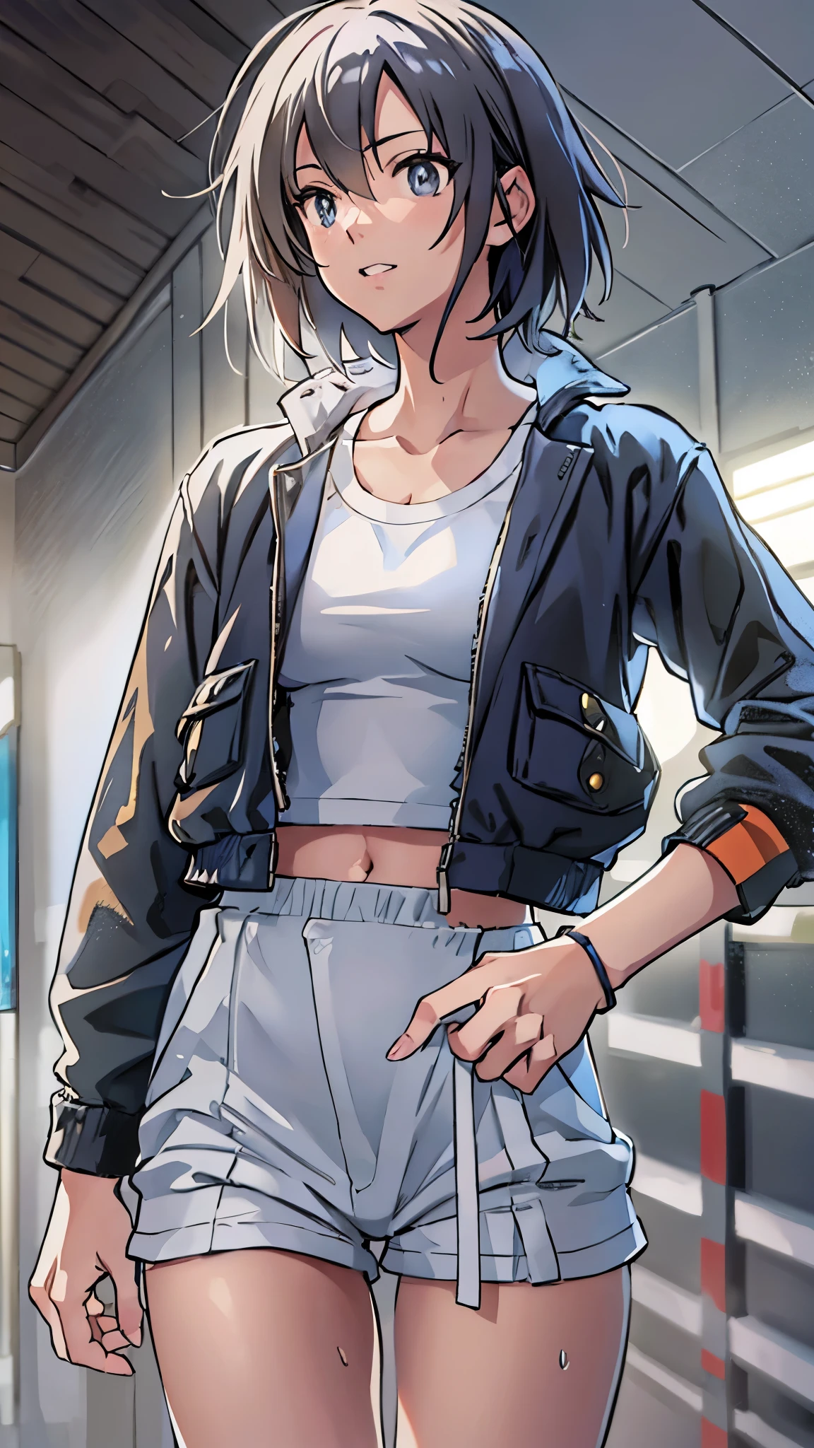 (Best Quality,4K,8K,hight resolution,masutepiece:1.2), Ultra-detailed, (Realistic,photoRealistic,photo-Realistic:1.37),((full body)),(slender body),(very-short-hair-girl), Wearing sweat,grin,((sports bra and black leggings,wristbands,White loose socks,Black sneakers)),Beautiful detailed eyes, Beautiful detailed lips, extremely detailed eye and face, long eyelashes, Realistic anime 3D style, Smooth Anime CG Art, Digital rendering by Makoto Shinkai, Moe Anime Art Style, photoRealistic rendering of an anime girl, Shinkai Makoto style, Cute anime girl visuals, Realistic young anime girl, girl fan art, Created by Anime Artist'studio of.