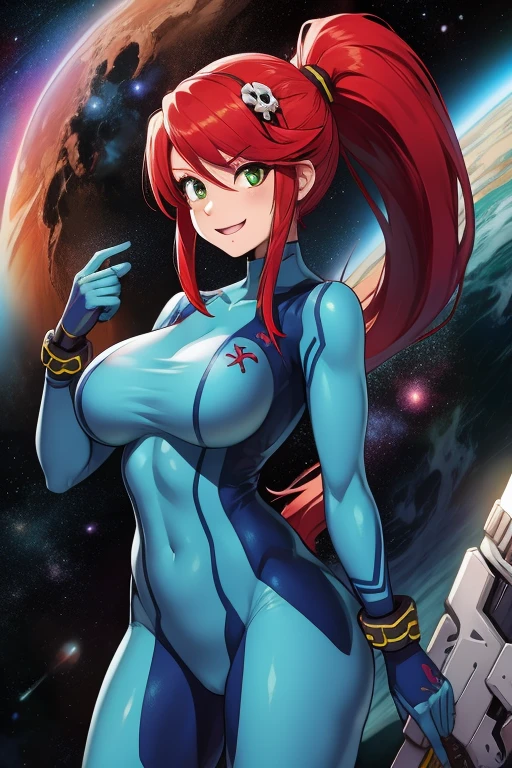 masterpiece, high quality, extremely detailed, 1girl, mature female, solo, Yoko Littner dressed up as Zero Suit Samus, large breasts, hair between eyes, hair ornament, high ponytail, long hair, red hair, sidelocks, skull hair ornament, zero suit, blue gloves, thrilled expression on face, standing, holding a blaster, upper body, outer space, space environment
