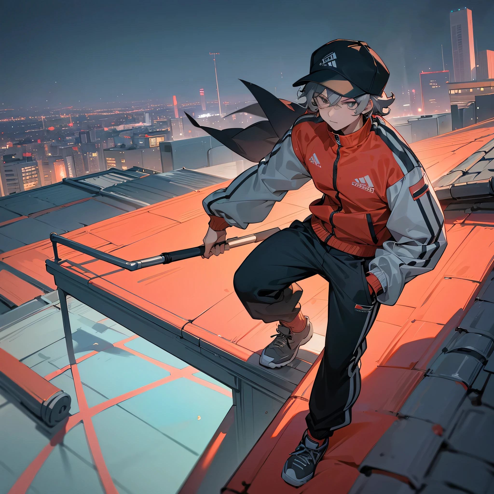 1male, young adult, finely detailed coral eyes, wild medium hair, grey hair, long sleeve compression shirt, tracksuit jacket, loose baggy pants, muscular, baseball cap, crouching on rooftop edge, night time, serious expression