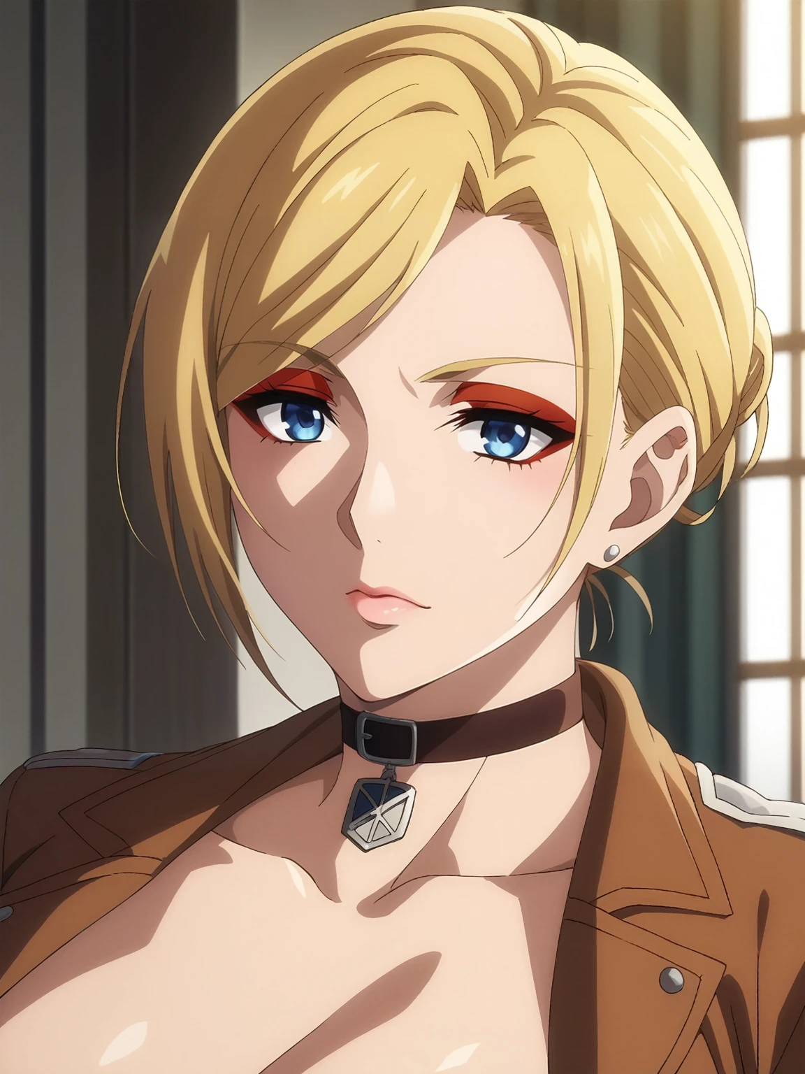 score_4, score_5, score_6, score_9, score_8_up, score_7_up, source_anime, fine anime screencap_xl, anime_screencap, solo, 1girl, indoors, no bra, chest only, choker, red eyeshadow, blonde hair, blue eyes, Annie leonhart, attack on titan, cropped leather jacket, panties, cropped jacket