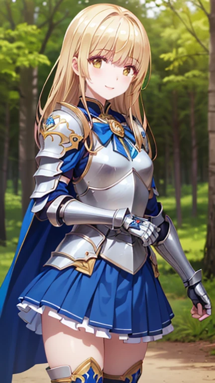 mahiru shiina, bangs, blonde hair, brown hair, (yellow eyes:1.3), Knight girl posing for a photo, cute女の子, (((UHD)), ((highest quality)), ((masterpiece)), (Very detailed), (High resolution), (Beautiful detailed sparkle), (High detail), (Anatomically correct)), ((Realistic)), ((The best CG)), Ultra-detailed art, CG illustration, 8k, 1080P, Photorealistic:1.37, Anime 2D Rendering,
(((One Woman))),
(Symmetrical facial features:1.4, Perfect Face), Beautiful clavicle, (Beautiful fingers), (Beautiful breasts, ((Small breasts))),
Beautiful body, Beautiful thighs, Beautiful feet, Perfect round butt, (((Detailed skin, Oily skin, Textured skin, Beautiful Skin:1.4))),
(((Baby Face, cute, ))),
(Expression of fine eyes, Beautiful and delicate eyes, Sparkling eyes),
(Beautiful Nose,Thin Nose),
(Smaller mouth, Glossy Lips, Beautiful Lips, thick lips),
(((Silver Armor:1.4、Decorated red breastplate、Blue skirt-like armor:1.2、Gauntlet、Shin Guards、Blue Cape:1.2、Has a bow:1.2)))、
BREAK
(laughing、smile),
BREAK
(noon、(Sunshine、In the forest of fantasy world:1.4、blue sky)), ((Cowboy Shot))