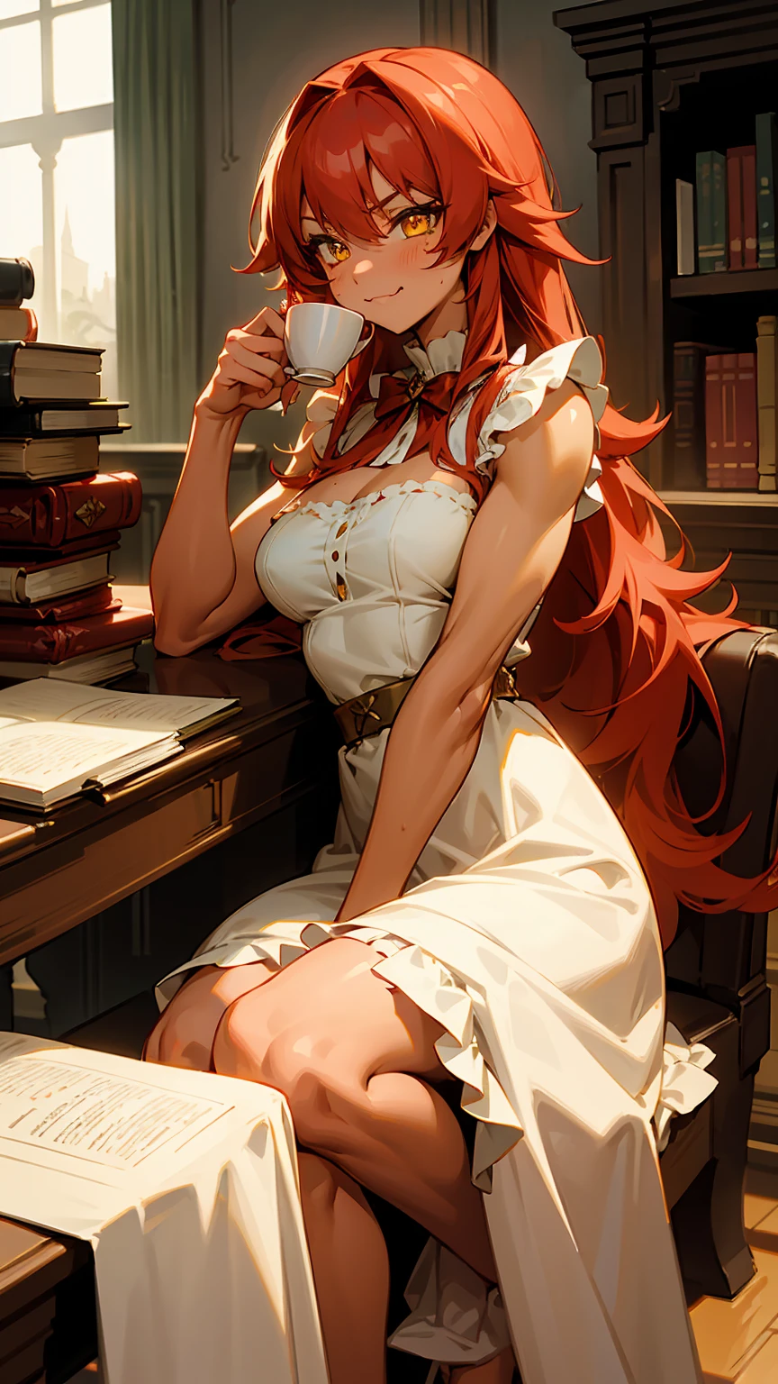 tanned skin, well-built woman, long red hair, yellow eyes, moe fang, human, vibrant landscape, calm pose, scarred face, frilly blouse, modest frilly dress, well-toned body, slight muscle, adult body, dominant, facial scars, indoors, castle, drinking tea, sitting at a table, muscular, books and paper on table, studying
