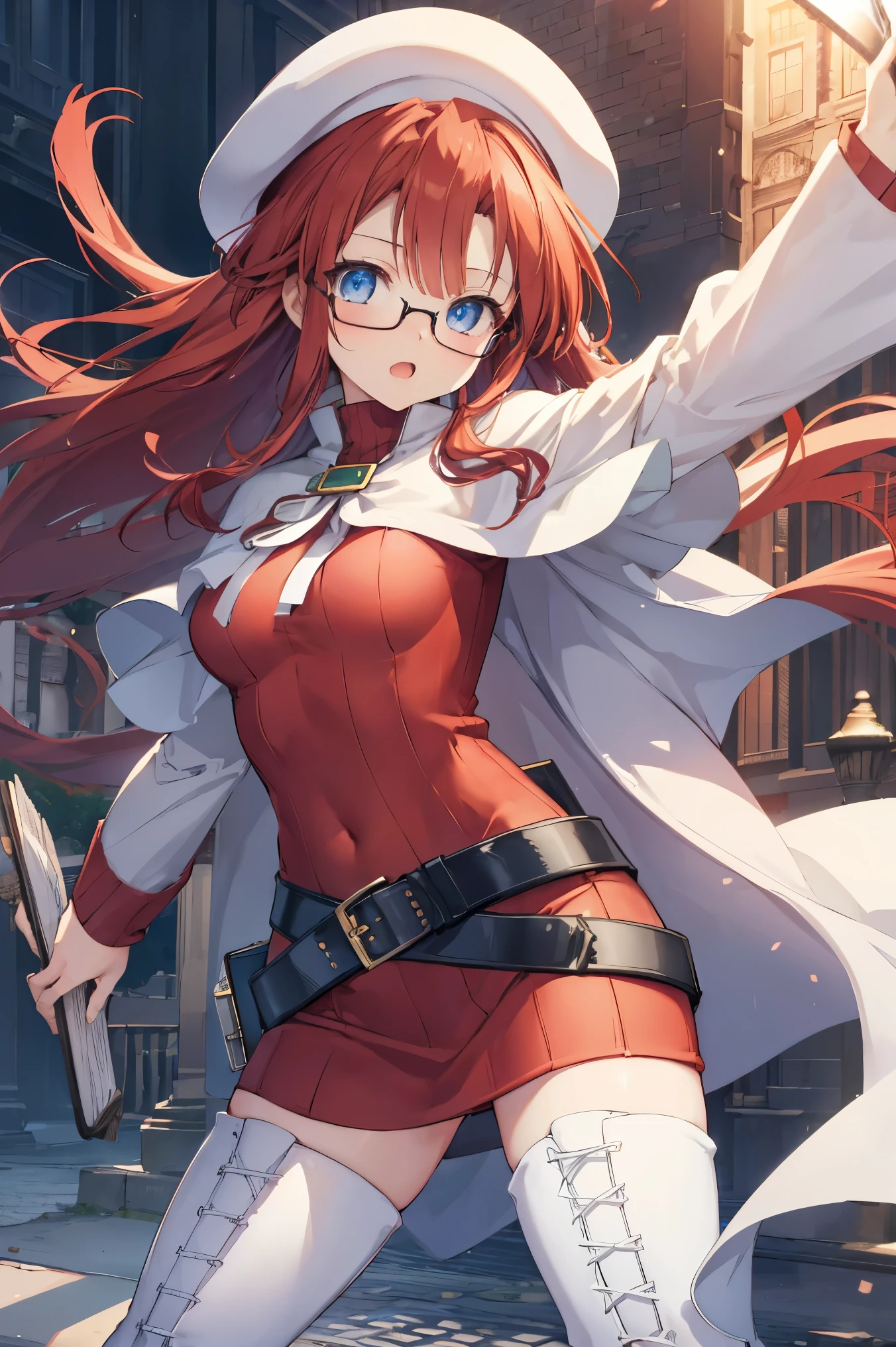summonnightaty, aty, (young:1.3),long hair, blue eyes, red hair, large_beret, hat, glasses,
BREAK long hair, thighhighs, hat, dress, boots, glasses, belt, cape, sweater, zettai ryouiki, beret, thigh boots, white footwear, ribbed sweater, loose belt,solo,
BREAK outdoors, fantasy,on_cobblestone
,,Highquality_hads,perfect_fingers,
BREAK (masterpiece:1.2), best quality, high resolution, unity 8k wallpaper, (illustration:0.8), (beautiful detailed eyes:1.6), extremely detailed face, perfect lighting, extremely detailed CG, (perfect hands, perfect anatomy),covered_nipples,covered_navel ,half_eyes:,long_sword,armpit,sleepy,dynamic_fighting_pose,barrel,red_sweater,apart_legs,magical_effect,spread_legs, have_a_book,teacher,rise_knee,angry,open_mouth,rise_hand,shout,