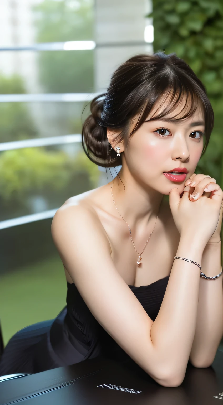 ((29-year-old, Elegant woman, Sexy body:1.2)),
((She looks like she wants to be kissed.:1.2)),
((I love you?, I want to kiss you?, I want to fuck you?, cheat with me?:1.2)),
((What do you like about my body??, I like my breasts?, Try touching the breasts?:1.2)),
((Where are you touching? You're so naughty.!,Your dick is getting hard,You were thinking about something naughty:1.5)),
((I'm always thinking of you, I love you, Hold Me:1.2)),
((Come closer to me, kiss my chest, If you touch me that much I'll feel it:1.5)),
((Stylish living room, Foliage plant, Black Wall, Complete darkness, The night view can be seen from the large window:1.2)),
((Masturbating while sitting on a chair:1.4)),
Eye focus, Narrow shoulders, Beautiful clavicle, Long, slender legs, The back of the hand is beautiful and feminine,
Slender figure, A soft belly, Thin waist,
Ultra detailed face, Ultra detailed breasts, Ultra-detailed skin, Fair skin, Glossy Skin,
Slim face contour, Beautiful small face, Beautiful straight nose,
Ultra-detailed eyes, Slit eyes, Brown eyes, double eyelid, Beautiful thin eyebrows, Thin, long eyelashes,
Ultra-detailed lips, Fuller lips, Glossy pink lips, Flushed Cheeks, White teeth,
Beautiful actress's languid make-up, Pink lipstick,
Dark Brown Hair, Delicate soft hair,
(Put your hair up, Medium Short Hair, Layered:1.2), (Blunt bangs:1.2),
(Stylish looking earrings,necklace,bracelet,shiny nail art:1.2),
((Squinting)),
((pursing lips)),
((Fingers touching lips)),
((Blushing)),