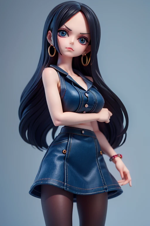 (highest quality, 8k, High resolution, masterpiece:1.2), Super detailed, Anime art style, Fine details, Dynamic Angle, Black Hair, Big Breasts,Style for women in their 20s, Mature Woman, Glamour,Beautiful character design, Perfect Eyes, Perfect Face, Expressive eyes, Perfect balance, (Earrings, jewelry, Denim dress, Open Vest, Black Pantyhose, Black Shirt, Denim skirt), View Viewer, Center the image, Cowboy Shot,Nico Robin