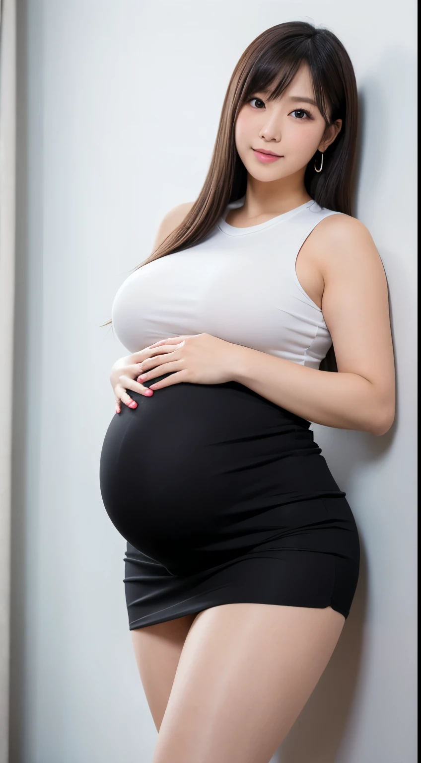 8K,high-level image quality,Beautiful fece,young Japanese,1 persons,(pregnant),Whip whip,sexy  pose,Curvaceous,bbw,ultra-quality,Carnal body,Sweaty skin,Beautuful Women,Kamimei,Waki,Wearing white sleeveless,Wearing a black tight skirt,