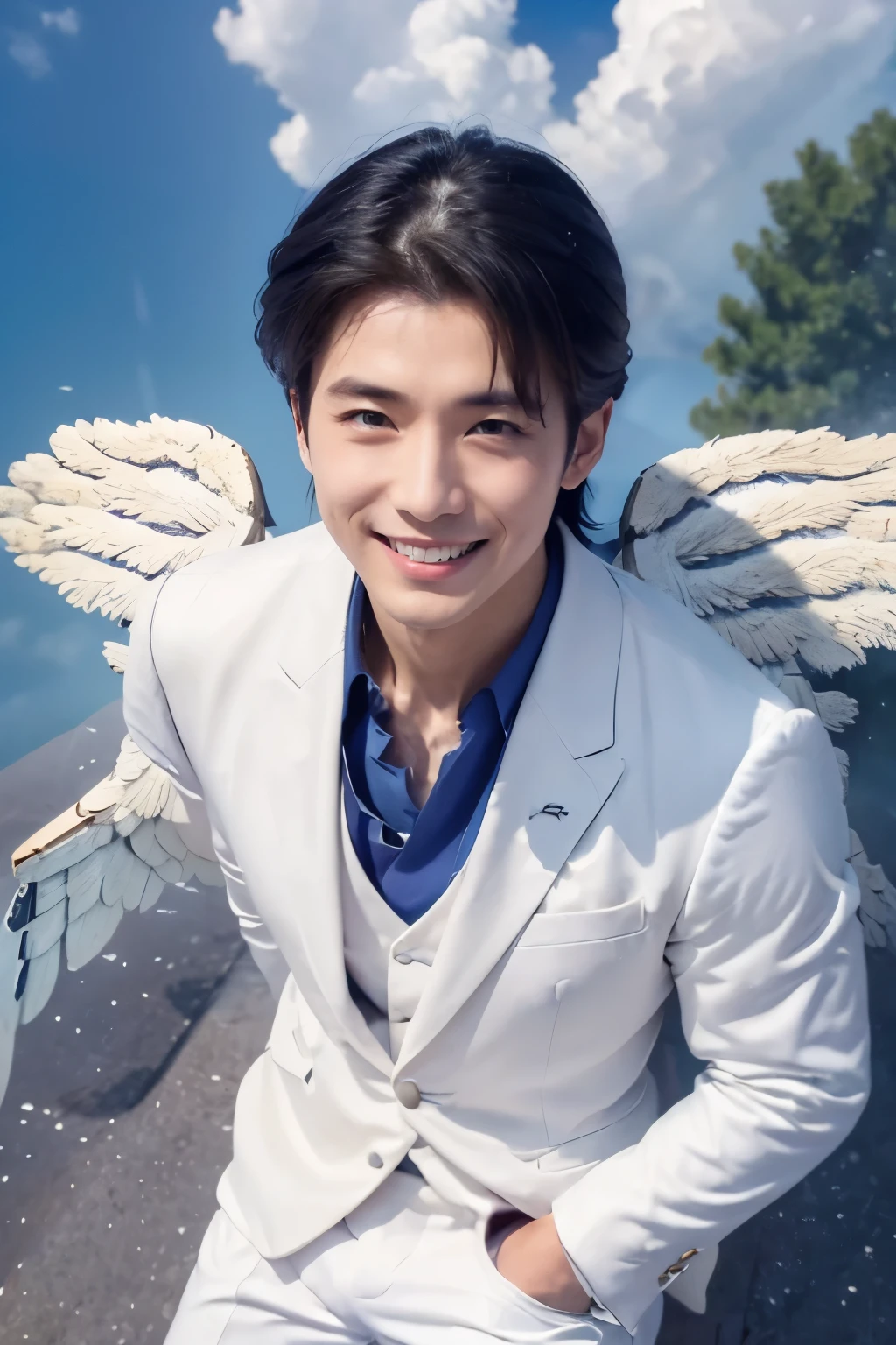 masterpiece, The best quality at its best, 1peopleの男の子, アジアpeople男性, 東アジアpeople, people, Muscles are balanced, (((White Wings:1.5)))、Short Hair Details,With a smile, White teeth, Blue striped suit, Realistic Style,photograph,Viewed from the front, Displaying the viewer,(((Flying in the sky:1.5)))、Above the Clouds、blue sky