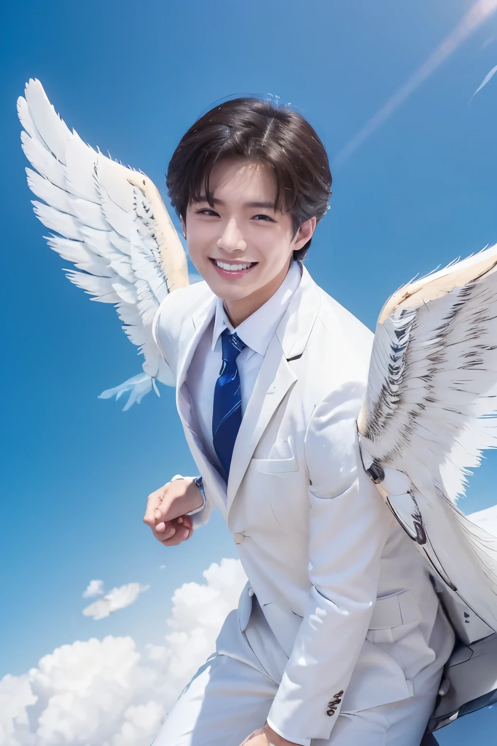 masterpiece, The best quality at its best, 1peopleの男の子, アジアpeople男性, 東アジアpeople, people, Muscles are balanced, (((White Wings:1.5)))、Short Hair Details,With a smile, White teeth, Blue striped suit, Realistic Style,photograph,Viewed from the front, Displaying the viewer,(((Flying in the sky:1.5)))、Above the Clouds、blue sky