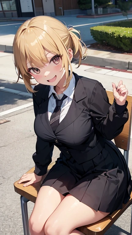 Himiko Toga,Big Breasts,Black Uniform,Smiling expression,Sitting on a chair,Outdoor,Date Spot,Lover&#39;s perspective,Blue Eyes,