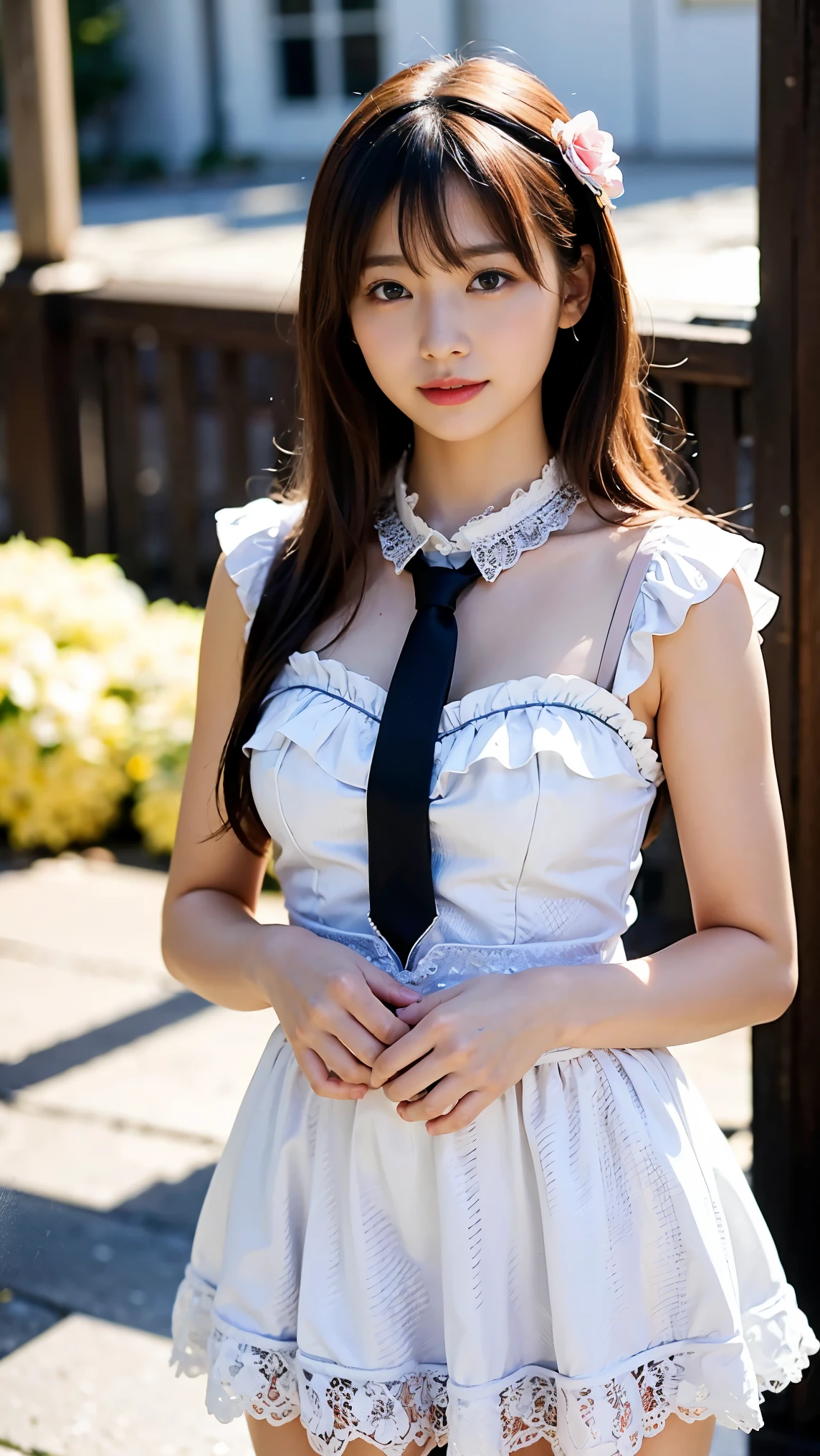 1 Nogizaka Musume、very cute、beautiful girl、24-years-old、(Cute underwear with frills)、Beautiful Face, Exquisite eye and skin detail、Fine, shiny black hair、Elegant frills、Frilled tie、Ribbon tie、Rose Hair Accessories、(Smiling for the camera)、(Cowboy Shot)、(Tokyo Street)、Professional Lighting、break、(Realistic、Photorealistic:1.37)、8k、(masterpiece)、(highest quality:1.4)、(Ultra-high resolution:1.2)、 (RAW Photos:1.2)、(Delicate lace、Soft fabric、beautiful rose pattern dress)、Perfect Anatomy、Four fingers and a thumb、Seaside Background、(Wallpaper by Unity 8k)