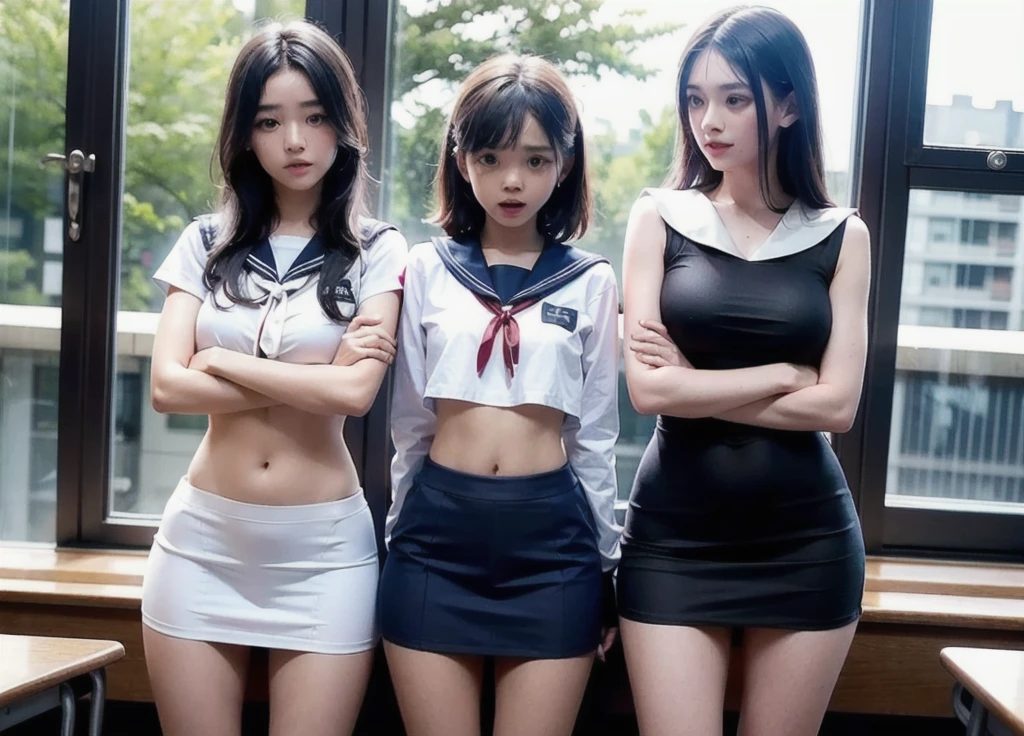 (Three Woman in front of classroom), kid teenager and adult , ((white crop top sailor suit)), blue student skirts, open navel, open belly, (show abdomen area), ((((arms crossed over chest)))), (((crying))), standing , (ready for punishment), (long shot)
