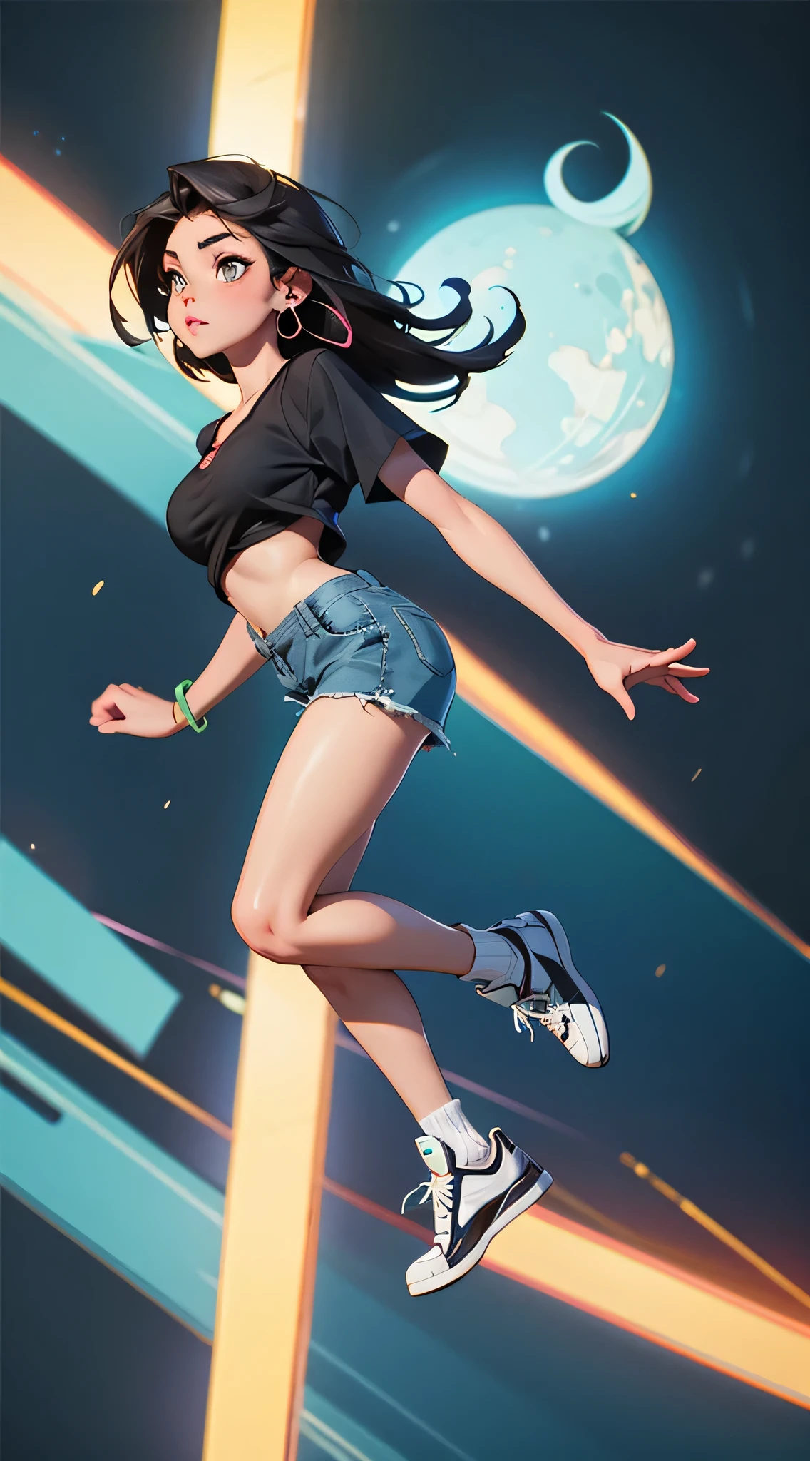 prep gothic native/mexican woman jumping up high, septum piercing, nose piercing, nose ring, 23 years old, with long hair and piercing eyes, half asian, wearing a baggy shirt with short shorts, wearing socks, full body, piercings, medium lips, small pointy nose, picture, 22years old, free falling, no deformities, mature body, adult, low top converse shoes, medium butt size, medioum boob size