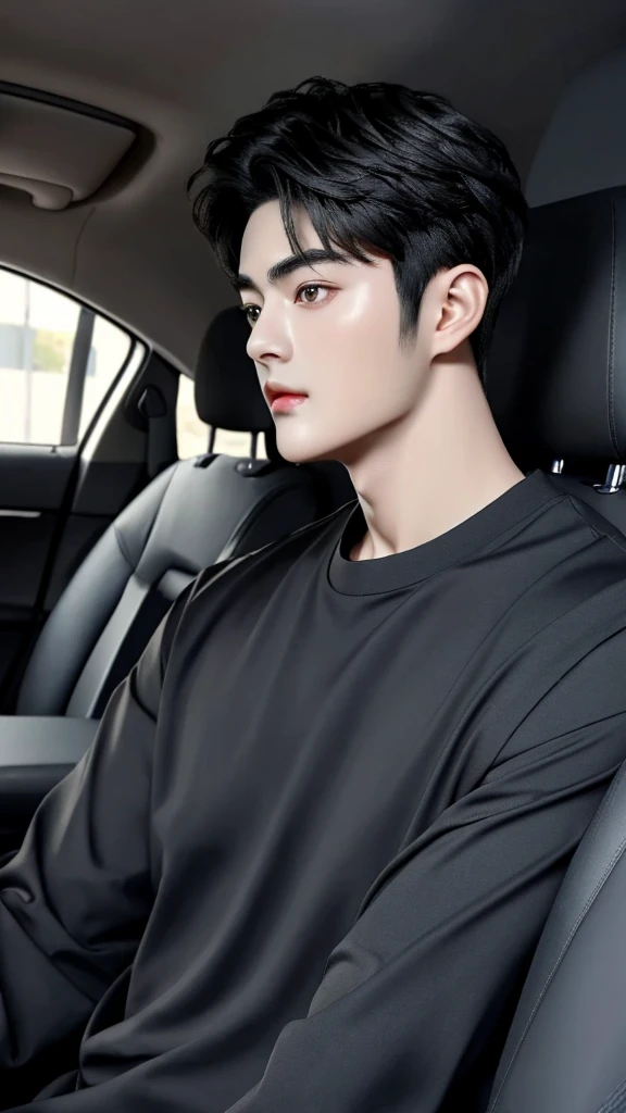 a close up of a person in a car with a black shirt, cha eun woo headshot profile picture, wan adorable korean face, young handsome man, looking at the camera, 8k realistic photo of cha eun woo a Korean actor with Korean sharp eyes with sharp jaw line