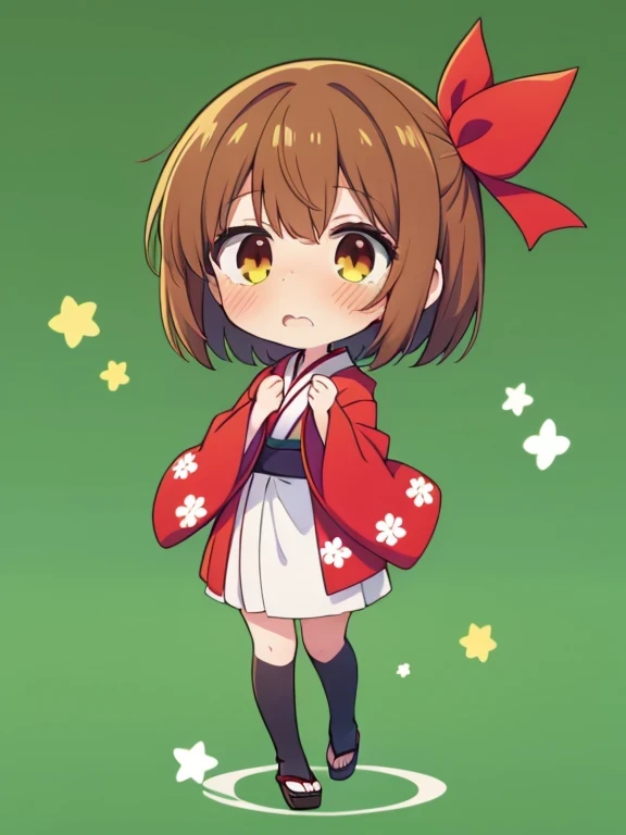 1girl,kimono,chibi,full body,green background,short hair,brown hair,brown eye,staning,put hands on body,put a red ribbon on your head,(panicked look:1.5)