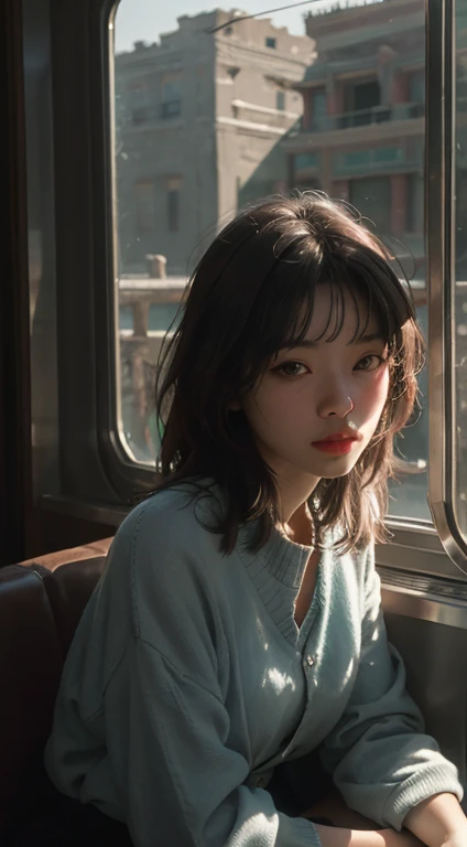 (RAW Photos, highest quality), (Realistic, photo-Realistic:1.3),highest quality,Very detailed,masterpiece,Super detailed,figure,One girl,full_body,Dynamic Angle,world masterpiece theater,Messy_length_hair,highest quality,Very detailed CG ユニティ 8k 壁紙,ink,wonderful,Cinema Lighting,lens_Flare, Dunhuang_style, in the train
