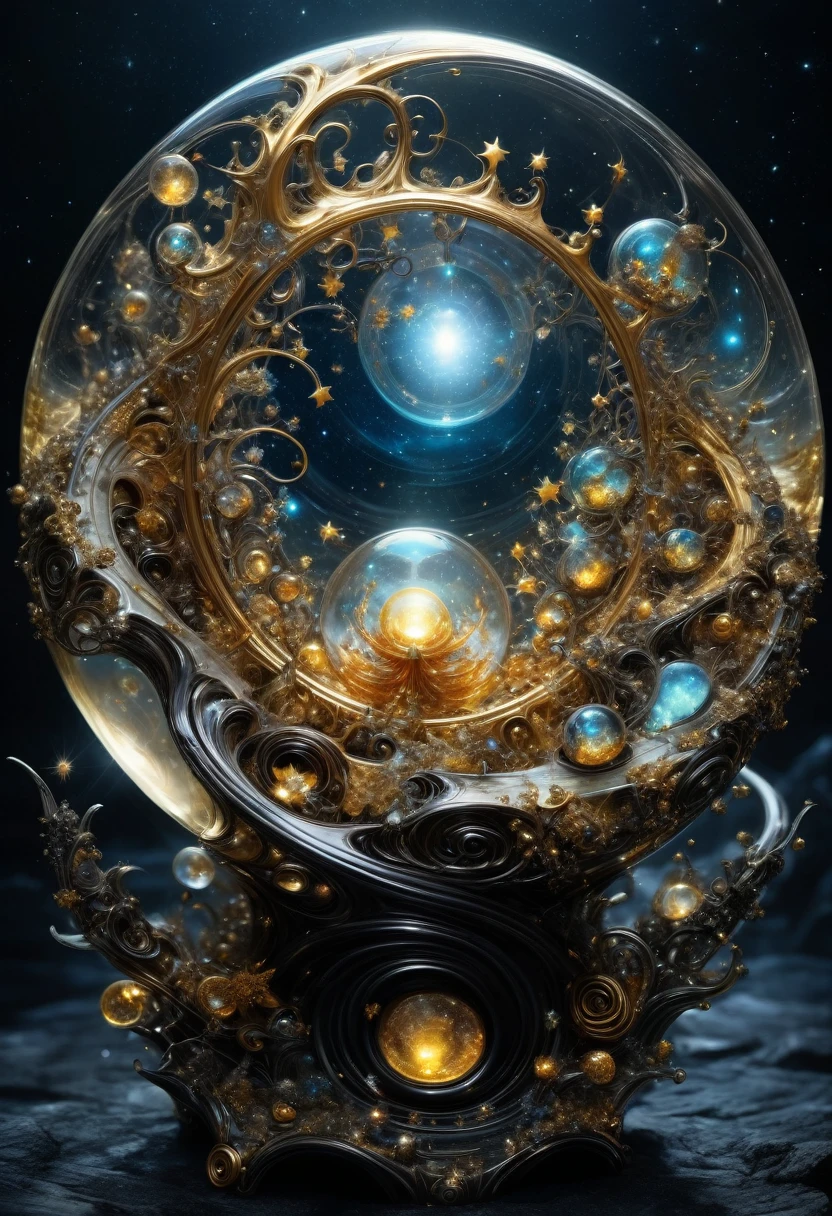 Liquid Metal, By Alexander Jansson and Jean Baptiste Monge and Mark Brooks || A beautiful liquid metal obsidian transparent crystal star, inside of it is a beautiful intricate glowing never-ending HUGE spiral SPIRALING golden portal made of stars constellations crystals and golden glitter with cities and fossils built into it, intricate, hyperdetailed, maximalist beautiful