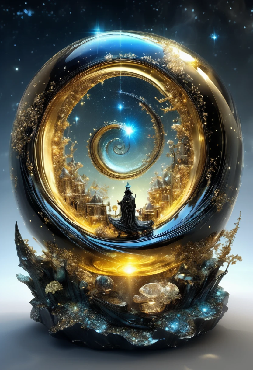 Liquid Metal, By Alexander Jansson and Jean Baptiste Monge and Mark Brooks || A beautiful liquid metal obsidian transparent crystal star, inside of it is a beautiful intricate glowing never-ending HUGE spiral SPIRALING golden portal made of stars constellations crystals and golden glitter with cities and fossils built into it, intricate, hyperdetailed, maximalist beautiful