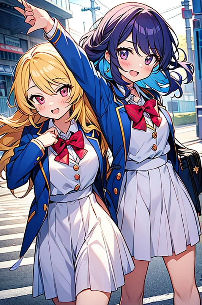 Aikatsu! style,(2girl),best friends,
powerful,fun,Bright,energetic,high school blazer uniform,