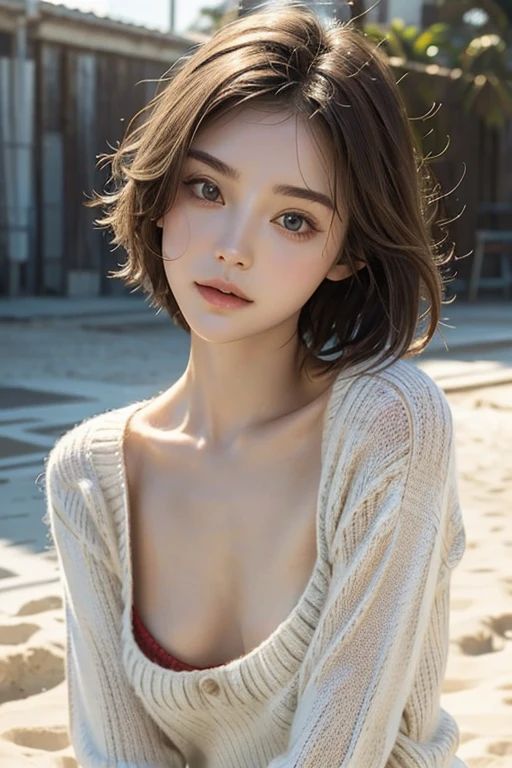 One girl, highest quality, Realistic, alone, Depth of written boundary, Natural light, Daytime, Fascinating, Beautiful Face, clean, Pure Face, Pale skin, cute, short hair, Beach, sunlight,Flat Chest, Small breasts, whole body, ((sweater,Beautiful Face)),
