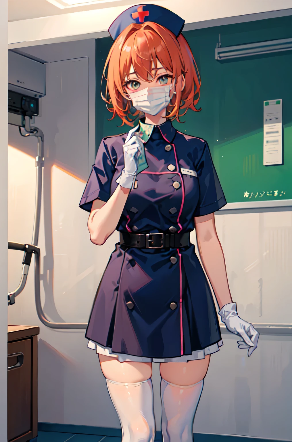 1girl, solo, nurse, nurse cap, white nurse uniform, ((white legwear, zettai ryouiki)), white gloves, very short hair, orange hair, ((white surgical mask, covered nose)), standing, ((hospital room)), sharp outline, short sleeves, tomboy, boyish, best quality, masterpiece