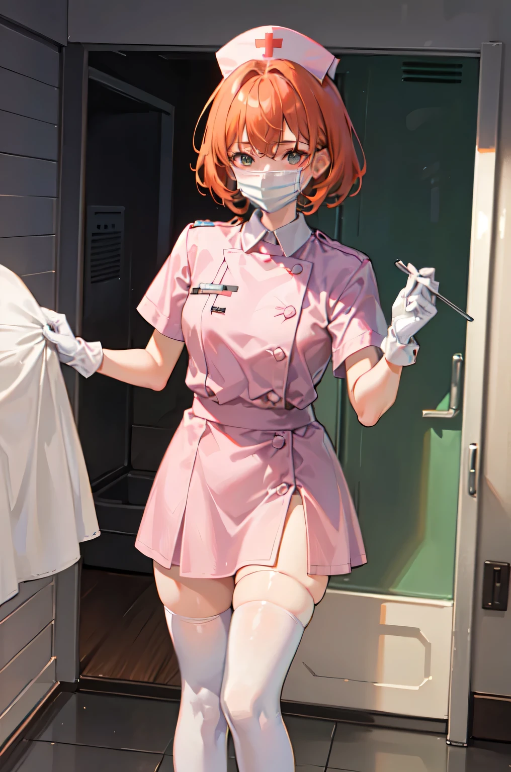 1girl, solo, nurse, nurse cap, white nurse uniform, ((white legwear, zettai ryouiki)), white gloves, very short hair, orange hair, ((white surgical mask, covered nose)), standing, ((hospital room)), sharp outline, short sleeves, tomboy, boyish, best quality, masterpiece