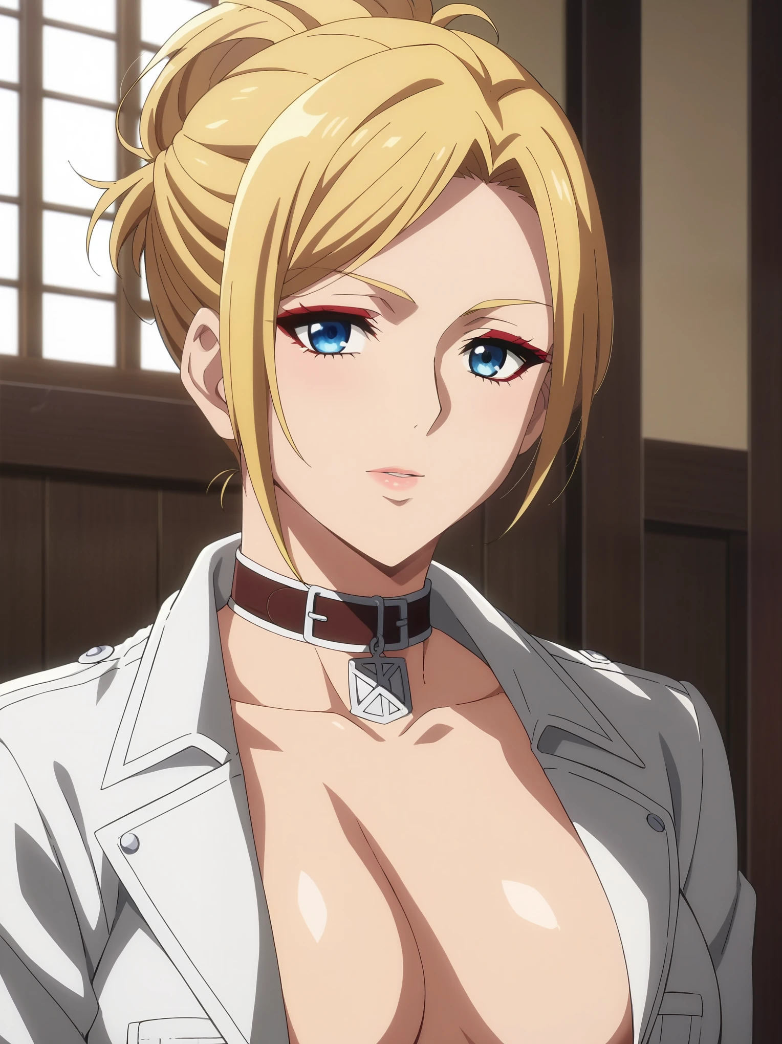 score_4, score_5, score_6, score_9, score_8_up, score_7_up, source_anime, fine anime screencap_xl, anime_screencap, solo, 1girl, indoors, no bra, chest only, choker, red eyeshadow, blonde hair, blue eyes, Annie leonhart, attack on titan, cropped leather jacket, panties, cropped jacket