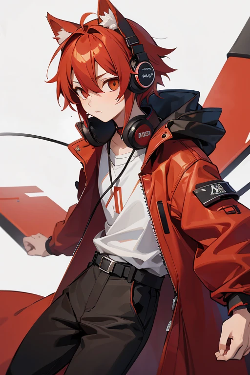 16 years old、male、Daughter of male、Red hair、Has red kemomimi eary hair is messy、Wearing a futuristic coat、Headphones around my neck、