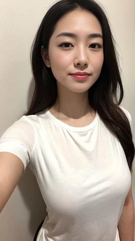 highest quality,masterpiece,Ultra-high resolution,(Realistic:1.4),Beautiful lighting, (Highly detailed CG Unity 8k wallpaper), Beautiful face in every detail,Detailed clothing, 50mm portrait photography, No background、One Girl,Big black eyes, cute, young, stop temporarily, Facial Lighting, Physically Based Rendering,Written boundary depth , Black Hair, Medium Hair, ((Take from above)), Japanese women、20-year-old、Pink T-shirt、(Big Breasts)、(Upper Body)、Young and beautiful woman taking a selfie, Taken with iPhone camera、In front of a white wall