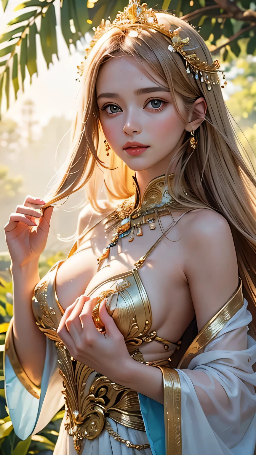 "Maiden of the Sun": Within a sacred sanctuary bathed in sunlight, depict the figure of a sun goddess, facing forward and emanating divine radiance. Zoom in to focus on her face, with light orbs gleaming in her hands, representing the life-giving power of the sun. Her hair is shimmering gold. The background should be predominantly pink, evoking a sense of divine splendor, with the addition of a blue sky to further enhance the feeling of openness and brightness. The setting is in heaven, enveloped in soft, bright light, where one can find tranquility and peace of mind, free from any trace of anxiety. Additionally, the light emanating from her hands should take the form of radiant hearts, resting gently on the palm of her hands.