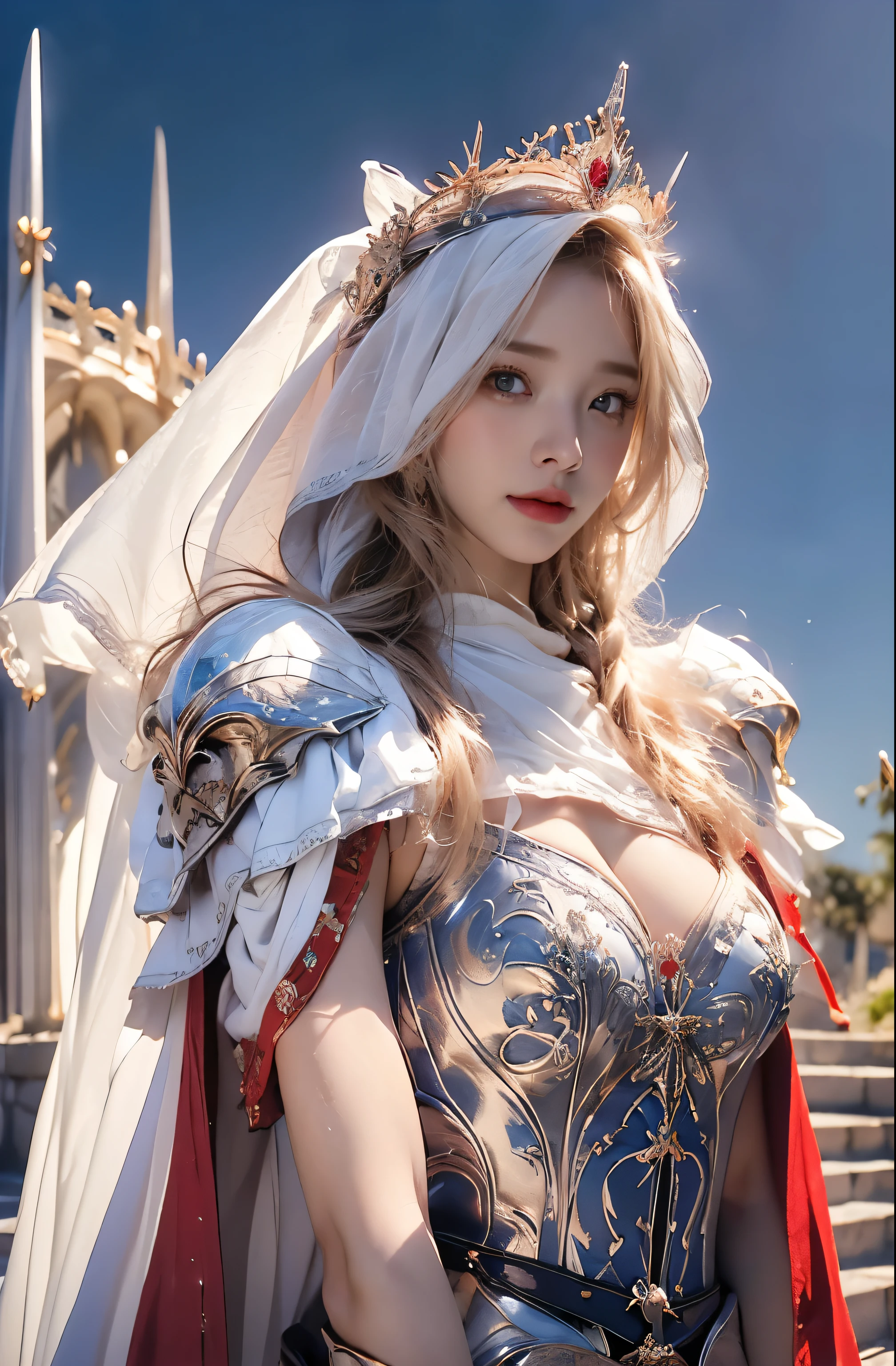 Elegant armor,princess, Full body, wearing a hijab , crown luxury , blue eye, blond hair, around , (red silver hijab), tmasterpiece,Best quality at best,A high resolution,8K,((Portrait)),(upper body),Original photo,real photograph,digital photography,(Female angel princess in the medieval fantasy style),(Medieval angel princess in fantasy style), sexy princess ,blue eye, super colossal brest, pointy colossal breast extravagant ornament,cparted lips,Keep your mouth shuegant and charming,((Blushing)),virgin contempt,Calm and handsome,(Medieval fantasy dress,The Beautiful super huge pointy breast, small waist, perfect colossal breast of princess body, a blue delicate pattern,red Cloak),(anhelic princess character medieval fantasy style,oc render reflection texture, sexy style, sexy colossal breast , medieval castle background, slim body, very small waist, (erect nipples see trough dress) nipples see-through white long dress , super slim , sexy style, angel wings