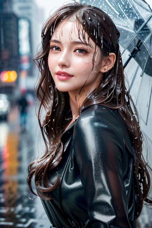 a beautiful woman in a rainy city, 1 girl, detailed face and eyes, beautiful long brown hair, slim figure, tight waist, attractive, warm smile, delicate white skin, wet hair and skin, stylish clothing, necklace, active pose, New York City, raining, (best quality,4k,8k,highres,masterpiece:1.2),ultra-detailed,(realistic,photorealistic,photo-realistic:1.37),extremely detailed face and body,(detailed eyes,detailed lips,extremely detailed eyes and face,long eyelashes),intricate hairstyle,(wet hair:1.2),(wet skin:1.2),stylish outfit,(necklace:1.1),(cityscape:1.1),(rainy day:1.1),Cosplay