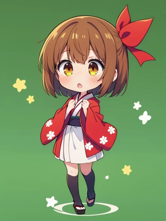 1girl,kimono,chibi,full body,green background,short hair,brown hair,brown eye,staning,put hands on body,put a red ribbon on your head,(surprised:1.5)