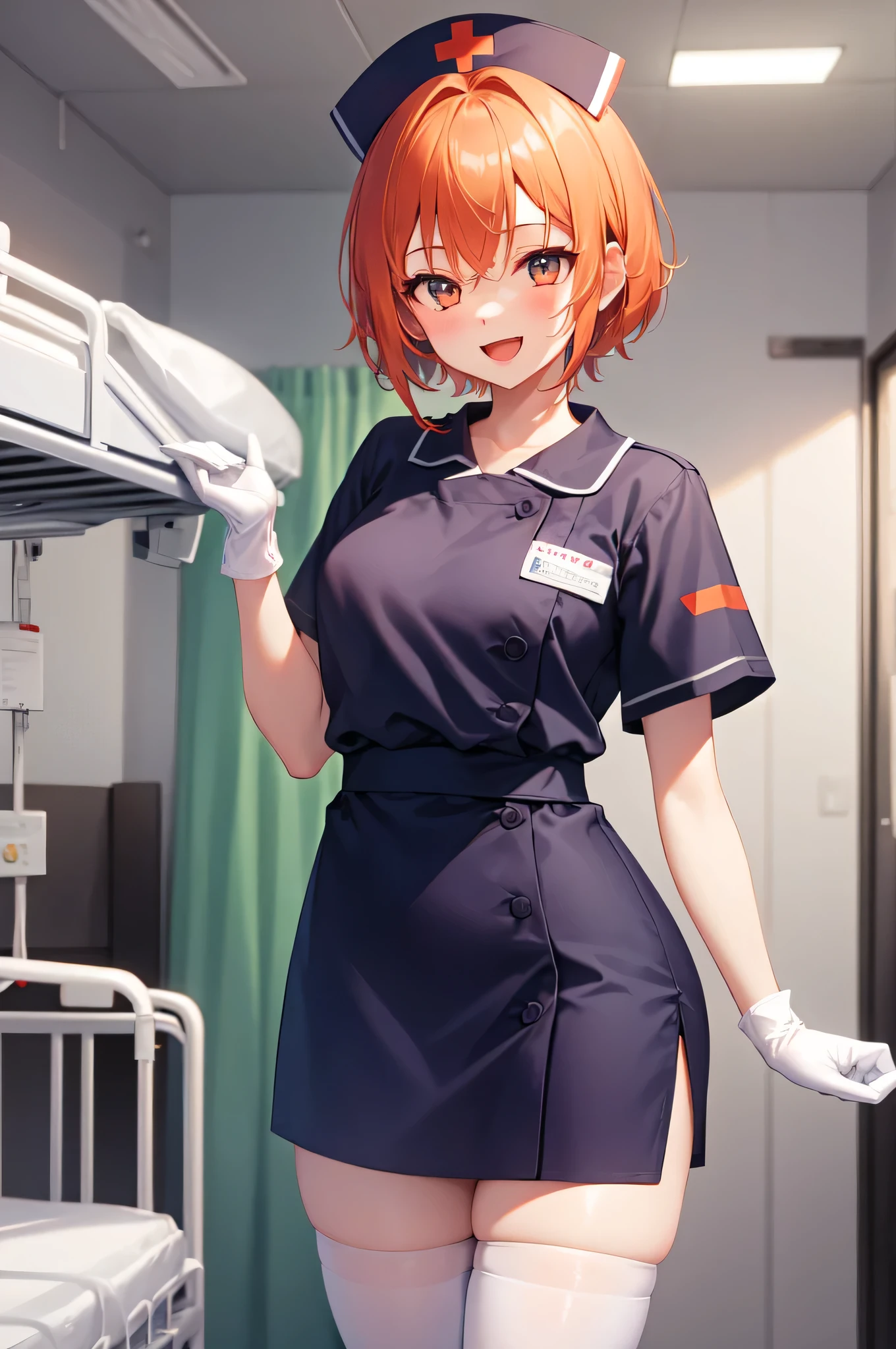 1girl, solo, nurse, nurse cap, white nurse uniform, ((white legwear, zettai ryouiki)), white gloves, very short hair, orange hair, smile, open mouth, standing, ((hospital room)), sharp outline, short sleeves, tomboy, boyish, best quality, masterpiece