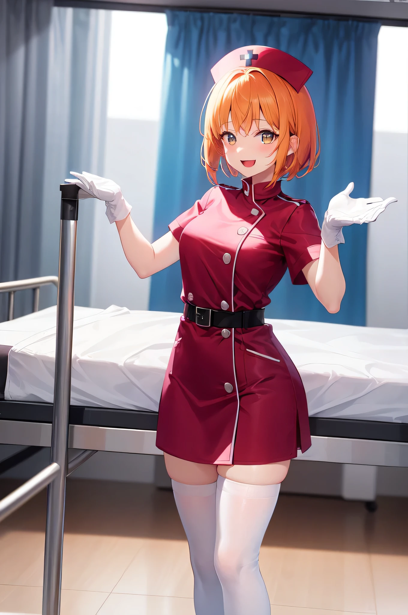 1girl, solo, nurse, nurse cap, white nurse uniform, ((white legwear, zettai ryouiki)), white gloves, very short hair, orange hair, smile, open mouth, standing, ((hospital room)), sharp outline, short sleeves, tomboy, boyish, best quality, masterpiece