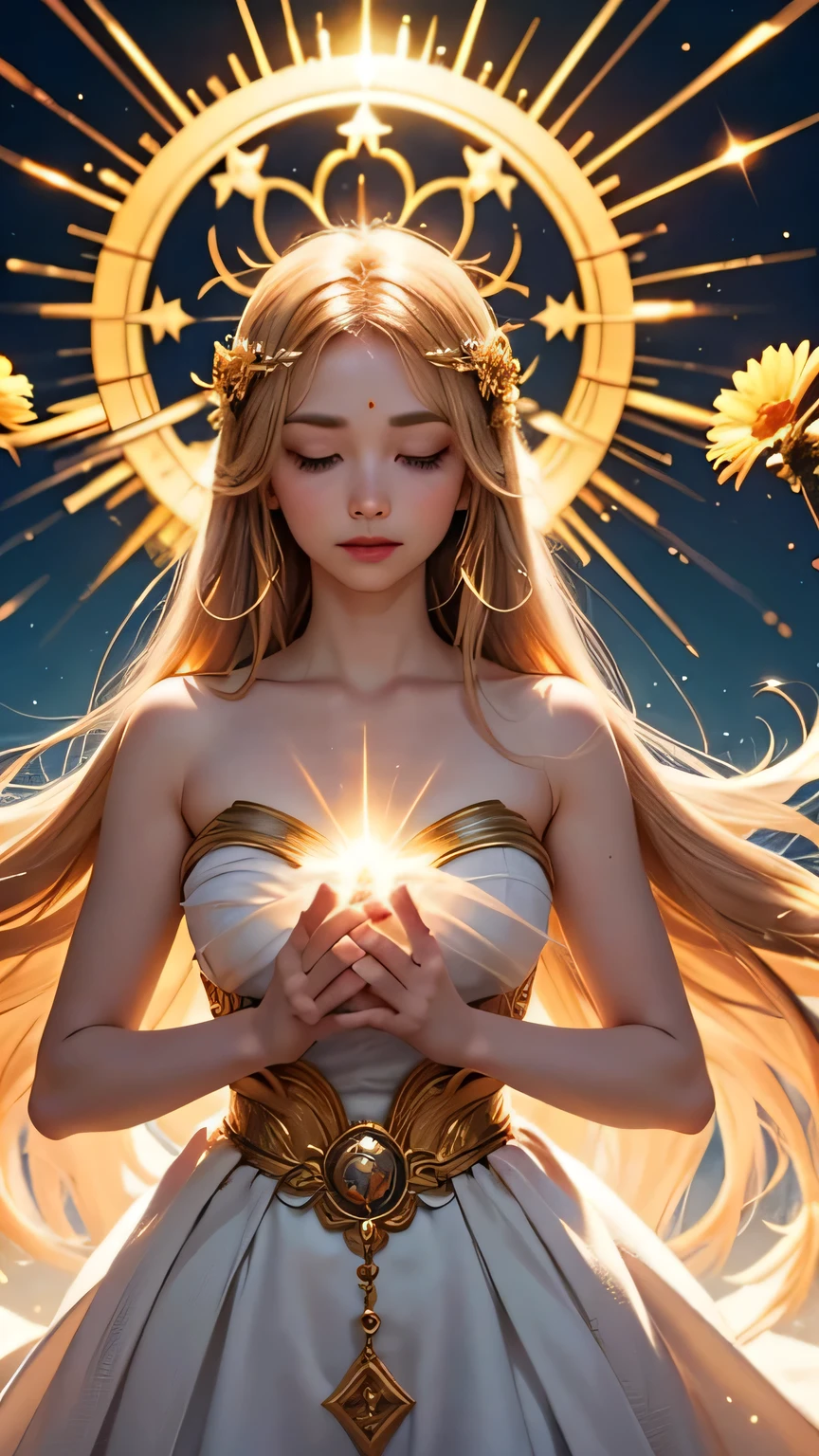 "Maiden of the Sun": Within a sacred sanctuary bathed in sunlight, depict the figure of a sun goddess, facing forward and emanating divine radiance. Zoom in to focus on her face, with light orbs gleaming in her hands, representing the life-giving power of the sun. Her hair is shimmering gold. The background should be predominantly pink, evoking a sense of divine splendor, with the addition of a blue sky to further enhance the feeling of openness and brightness. The setting is in heaven, enveloped in soft, bright light, where one can find tranquility and peace of mind, free from any trace of anxiety. Additionally, the light emanating from her hands should take the form of radiant hearts, resting gently on the palm of her hands.