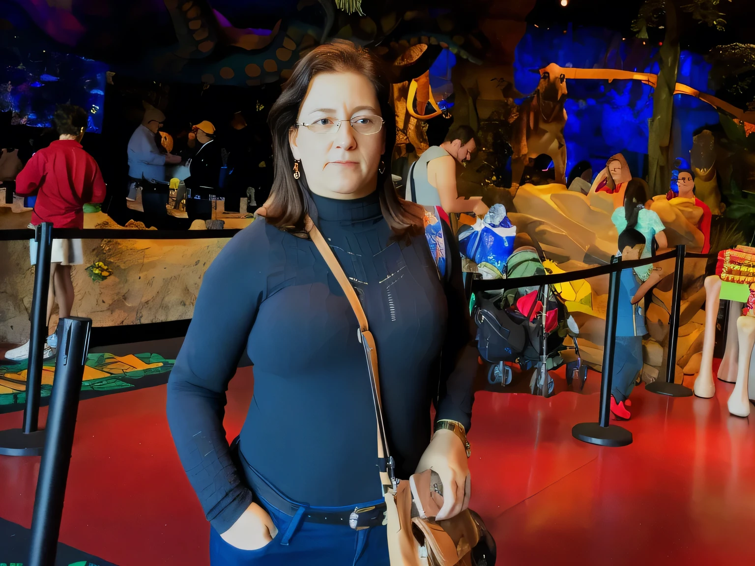 A beautiful Brazilian woman, wearing glasses, confident with white tanned skin and medium length dark hair, hair is styled loose, wearing blue jeans and a black collared shirt, a beige bag hanging on her shoulder, She is smiling slightly and appears to be posing for the photo. Behind her is a lively scene with other people engaged in various activities; some are shopping at stalls, while others appear to be enjoying a casual meeting or event. The room has an indoor feel with warm lighting and decorative elements that suggest a festive, casually dressed Disney Spring ambience in front of the T-REX restaurant in Disney Spring, wearing a black turtleneck sweater. She is around 40 years old, 162 cm tall and weighs 56 kg. Her body exudes glamor and her face is a definition of beauty. Slender body, thin waist. Highly realistic, hyperrealism, very elaborate skin, hyperrealism, high quality photo. Sharp Photo, High Resolution, High Quality, Masterpiece, 16K Photo, Sharp Photo, High Contrast, Masterpiece, (Photographically Realistic), 16k, NUDE, NUDITY, NFSW.