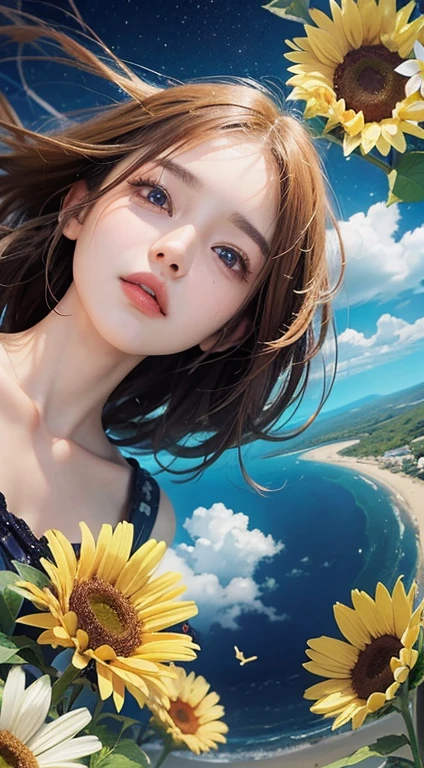 (PE pencil drawings:1.4),  Flowers and blue sky、Autumn sky and beautiful cosmos flowers、Landscape photo of a vast sunflower field、（A view from below of the sky and wilderness below）、Girl looking up at the blue sky、Draw a big picture of the sky、Tabletop、highest quality